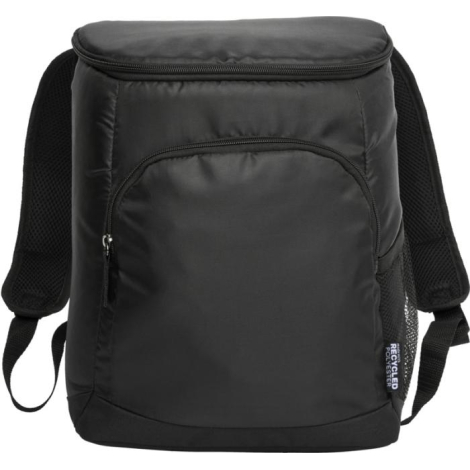 Sac à dos isotherme noir vu de face avec compartiment principal fermé et poche frontale zippée, présenté sans personnalisation v