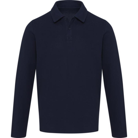 Polo bleu foncé unisexe à manches longues présenté de face avec col et boutons, illustré sans personnalisation visible.