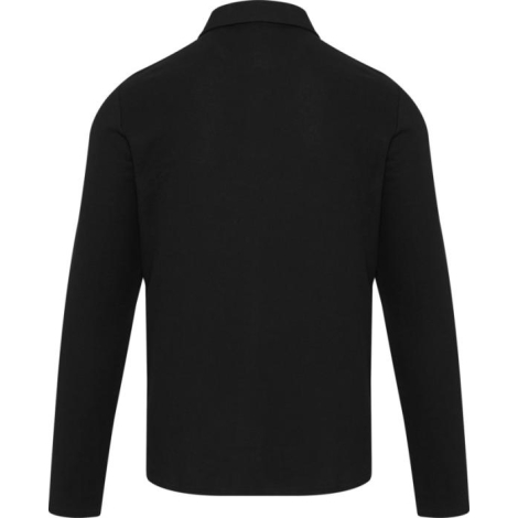 Polo noir unisexe à manches longues vu de dos avec surface textile unie et col visible, présenté sans marquage apparent.