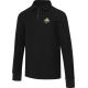 Polo noir unisexe à manches longues avec demi-fermeture zippée vu de face, montrant une personnalisation visible sur la poitrine