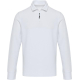 Polo blanc unisexe à manches longues avec demi-zip présenté de face avec col structuré, illustré sans personnalisation visible.