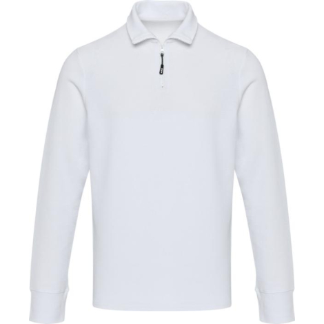 Polo blanc unisexe à manches longues avec demi-zip présenté de face avec col structuré, illustré sans personnalisation visible.