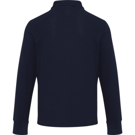 Polo bleu foncé unisexe à manches longues vu de dos avec surface textile unie et col visible, présenté sans marquage apparent.