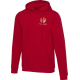 Sweat à capuche rouge unisexe vu de face avec cordons de serrage et poche kangourou, montrant une personnalisation visible sur l