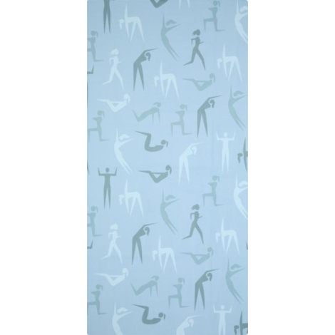 Serviette microfibre bleu clair déployée montrant un motif répété de silhouettes stylisées sur toute la surface, présentée sans 