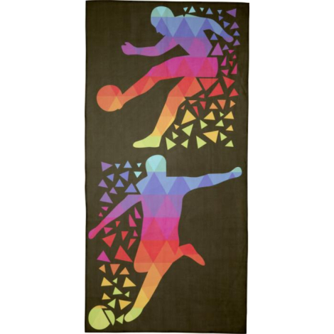 Serviette déployée avec grand motif graphique multicolore de silhouettes stylisées et formes triangulaires couvrant toute la sur