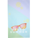 Serviette microfibre déployée avec motif graphique coloré composé de lunettes de soleil stylisées, formes florales et fond dégra
