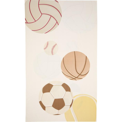 Serviette déployée avec motif composé de ballons de sport de différentes tailles répartis sur toute la surface, présentée sans p