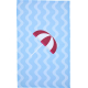 Petite serviette microfibre déployée avec illustration d’un parasol rouge et blanc sur fond bleu avec vagues stylisées, présenté