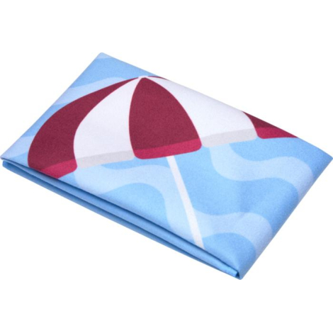 Serviette microfibre pliée laissant apparaître le motif graphique du parasol rouge et blanc sur fond bleu, illustrée sans person