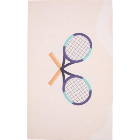 Serviette microfibre déployée montrant deux raquettes de tennis croisées au centre du tissu sur fond clair, illustrée sans perso