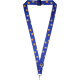 Tour de cou bleu en polyester présenté en forme de V avec motif hexagonal jaune répété sur la lanière, montrant une personnalisa Tour de cou bleu en polyester présenté en forme de V avec motif hexagonal jaune répété sur la lanière, montrant une personnalisa