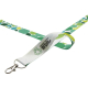 Tour de cou blanc formant une boucle avec motif graphique vert et bleu sur la lanière, présentant une personnalisation visible s Tour de cou blanc formant une boucle avec motif graphique vert et bleu sur la lanière, présentant une personnalisation visible s