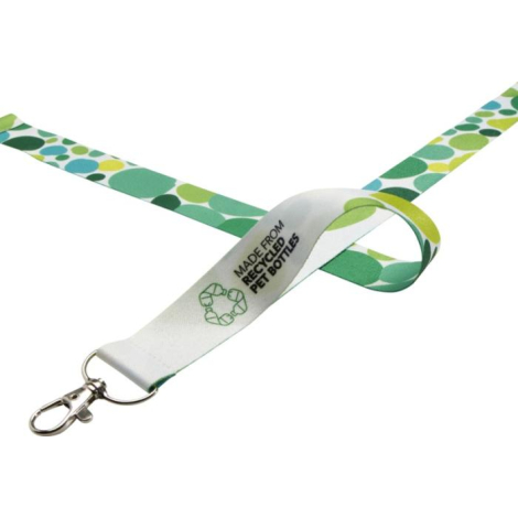Tour de cou blanc formant une boucle avec motif graphique vert et bleu sur la lanière, présentant une personnalisation visible s