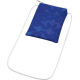 Pochette téléphone bleue portée en bandoulière avec cordon blanc et motif géométrique visible sur la face avant, présentant une 
