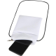 Pochette pour smartphone blanche avec cordon noir ouverte par une fermeture zippée laissant apparaître un téléphone à l’intérieu