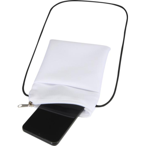Pochette pour smartphone blanche avec cordon noir ouverte par une fermeture zippée laissant apparaître un téléphone à l’intérieu