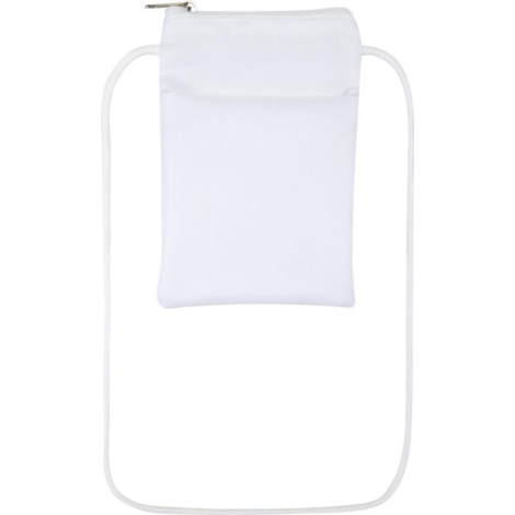 Étui téléphone blanc porté en bandoulière avec cordon blanc et surface textile unie, présenté sans marquage visible.