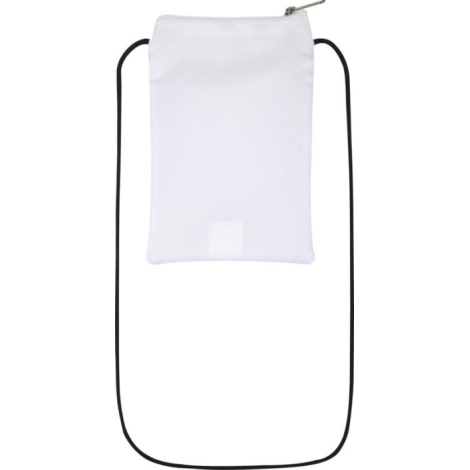 Pochette téléphone blanche vue de face avec cordon noir et surface lisse sans motif, illustrée sans personnalisation apparente.