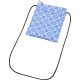 Pochette smartphone bleue portée en bandoulière avec cordon noir et motif circulaire répété sur la face avant, présentant une pe Pochette smartphone bleue portée en bandoulière avec cordon noir et motif circulaire répété sur la face avant, présentant une pe