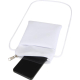Pochette téléphone blanche avec cordon blanc ouverte par une fermeture zippée laissant apparaître un smartphone à l’intérieur, i Pochette téléphone blanche avec cordon blanc ouverte par une fermeture zippée laissant apparaître un smartphone à l’intérieur, i