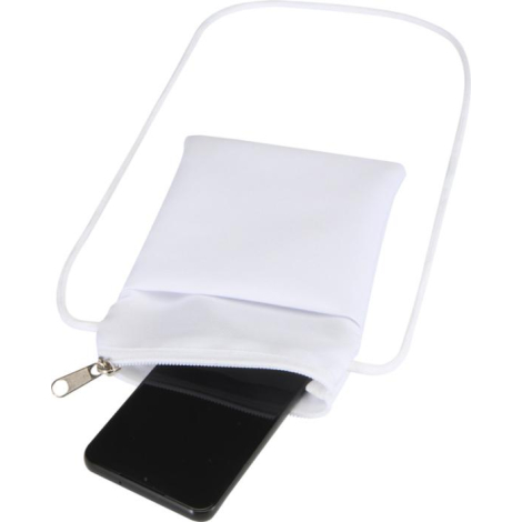 Pochette téléphone blanche avec cordon blanc ouverte par une fermeture zippée laissant apparaître un smartphone à l’intérieur, i