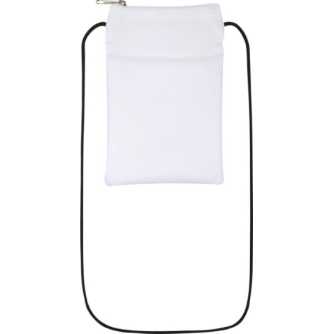 Pochette smartphone blanche portée en bandoulière avec cordon noir et surface textile unie, présentée sans marquage visible.
