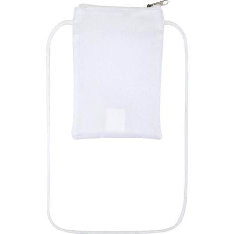 Étui téléphone blanc porté avec cordon blanc vu de face avec surface lisse sans motif, illustré sans personnalisation apparente.
