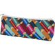 Trousse à crayons avec fermeture zippée noire et motif coloré de crayons répétés sur toute la surface, montrant une personnalisa