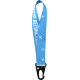 Dragonne bleue en PET recyclé présentée en forme de V avec motif de petits pictogrammes répétés le long de la lanière, montrant Dragonne bleue en PET recyclé présentée en forme de V avec motif de petits pictogrammes répétés le long de la lanière, montrant
