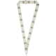 Lanyard blanc en PET recyclé présenté en forme de V avec motif circulaire répété le long de la lanière, montrant une personnalis Lanyard blanc en PET recyclé présenté en forme de V avec motif circulaire répété le long de la lanière, montrant une personnalis