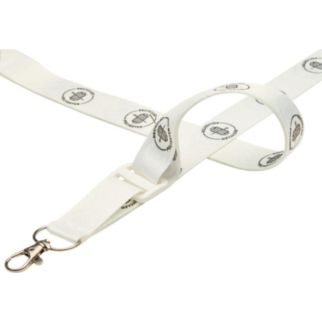 Tour de cou blanc formant une boucle avec motif circulaire répété, équipé d’une boucle coulissante blanche et d’un mousqueton mé
