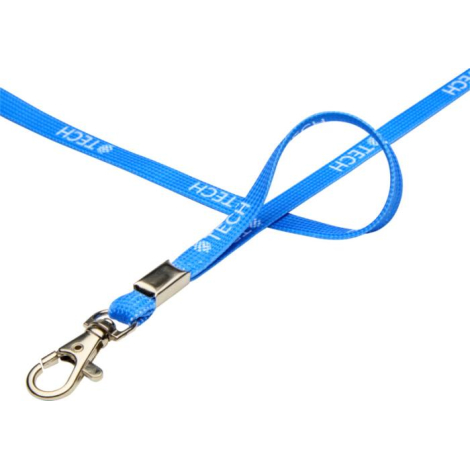 Lanière tubulaire bleue présentée avec un mousqueton métallique et une boucle formée par le cordon, présentant une personnalisat