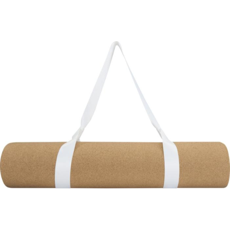 Lanière blanche de transport fixée autour d’un tapis de yoga roulé avec poignée formée par la sangle, illustrée sans personnalis