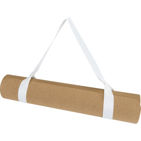 Sangle blanche pour tapis de yoga placée autour d’un tapis roulé vue sous un angle différent avec surface textile unie, présenté