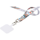 Tour de cou blanc avec motif coloré présenté avec mousqueton métallique et support pour badge, montrant une personnalisation vis