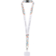 Lanyard blanc présenté en forme de V avec impression répétée composée de texte et d’éléments graphiques sur toute la lanière, mo Lanyard blanc présenté en forme de V avec impression répétée composée de texte et d’éléments graphiques sur toute la lanière, mo