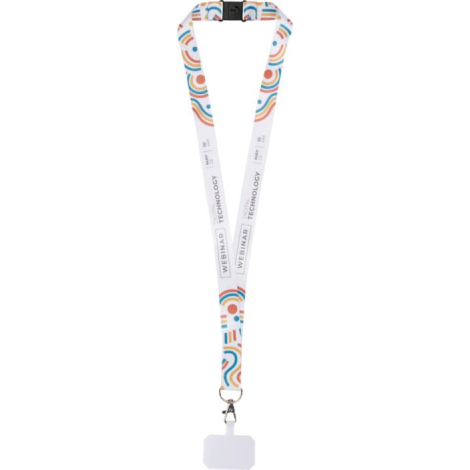 Lanyard blanc présenté en forme de V avec impression répétée composée de texte et d’éléments graphiques sur toute la lanière, mo