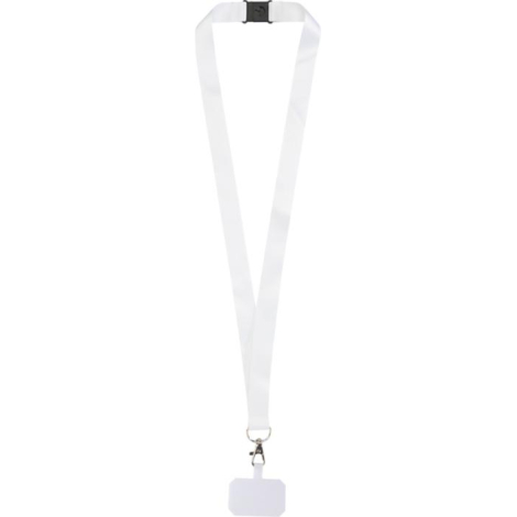 Lanyard blanc présenté en forme de V avec surface lisse et extrémité équipée d’un mousqueton métallique, illustré sans marquage 