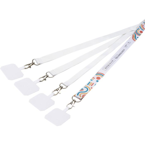 Ensemble de tours de cou blancs présentés côte à côte avec mousquetons métalliques et support pour téléphone, dont un modèle ave
