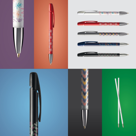 Visuel composite de stylos BIC Media Clic Advance avec zoom sur la pointe métallique, corps translucides colorés, alignement de 