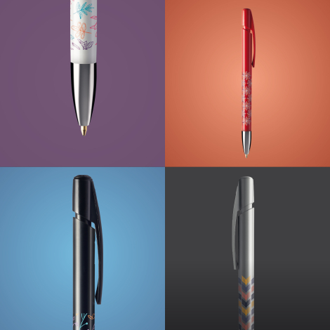 Visuel composite en quatre sections de stylos BIC Media Clic Advance avec différentes couleurs et vues, certaines avec personnal