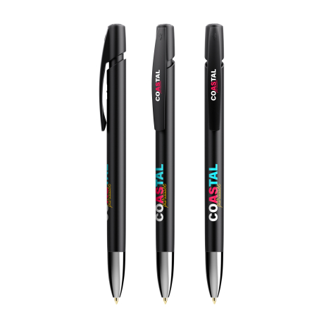 Trois stylos bille BIC Media Clic Advance noirs présentés verticalement avec personnalisation visible sur le corps sous le clip 