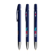 Trois stylos bille BIC Media Clic Advance bleu foncé présentés verticalement avec marquage visible sur le corps sous le clip et Trois stylos bille BIC Media Clic Advance bleu foncé présentés verticalement avec marquage visible sur le corps sous le clip et