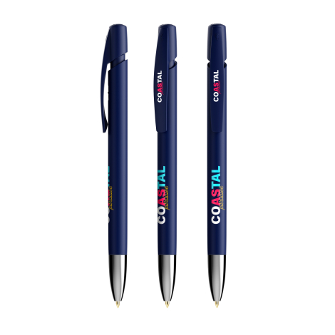 Trois stylos bille BIC Media Clic Advance bleu foncé présentés verticalement avec marquage visible sur le corps sous le clip et 