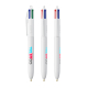 Trois stylos BIC 4 Couleurs ECO blancs alignés avec boutons de couleur en haut et personnalisation visible sur le corps du stylo Trois stylos BIC 4 Couleurs ECO blancs alignés avec boutons de couleur en haut et personnalisation visible sur le corps du stylo