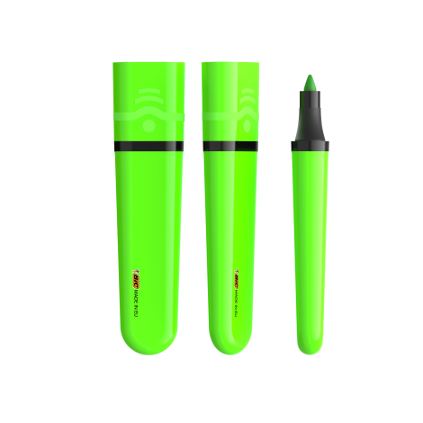 Trois surligneurs BIC Highlighter Flat verts alignés avec capuchons et une pointe visible, sans personnalisation apparente sur l