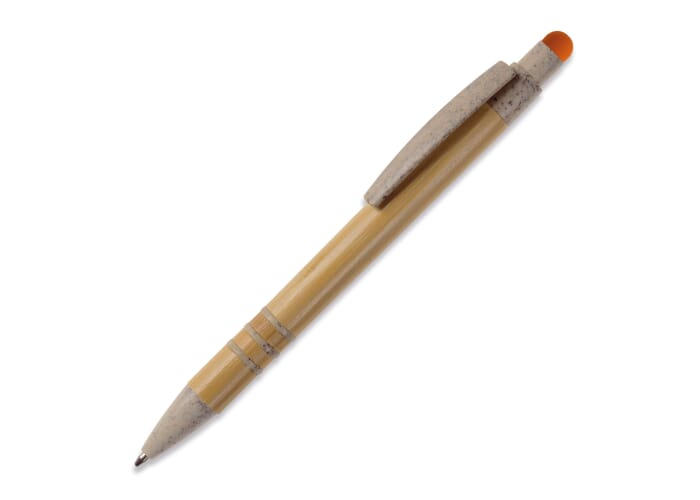 Stylo-stylet à bille personnalisé en bambou et paille de blé Beige/Orange