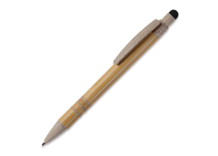 Stylo-stylet à bille personnalisé en bambou et paille de blé Beige/Noir