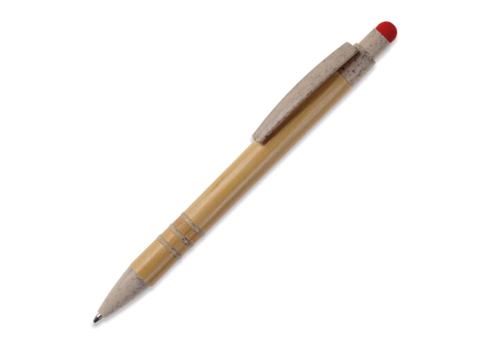 Stylo-stylet à bille personnalisé en bambou et paille de blé Beige/Rouge